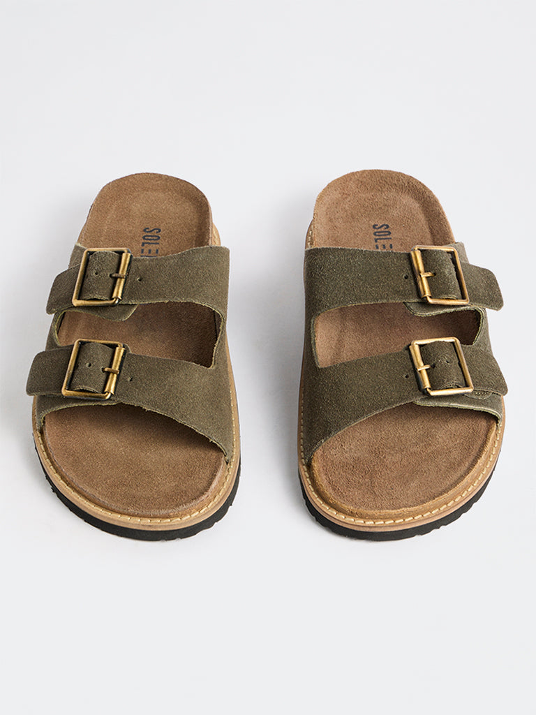 SOLEPLAY Dark Olive Dual-Strap Suede Slip-On Slides