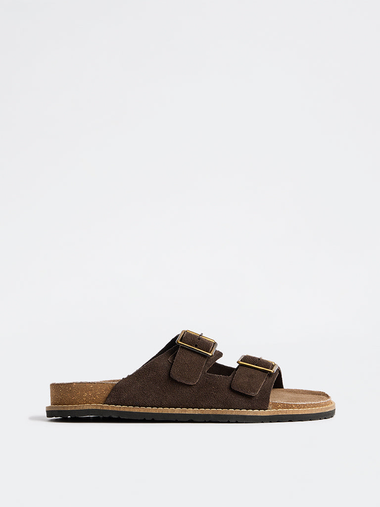 SOLEPLAY Dark Brown Dual-Strap Suede Slip-On Slides