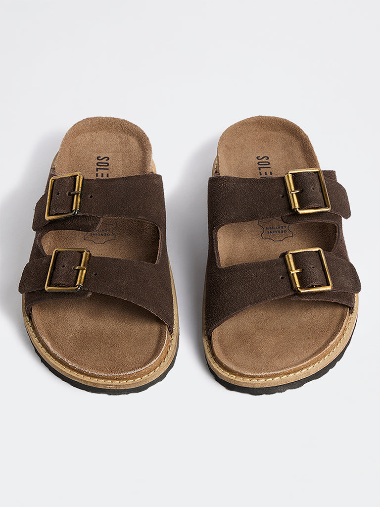 SOLEPLAY Dark Brown Dual-Strap Suede Slip-On Slides