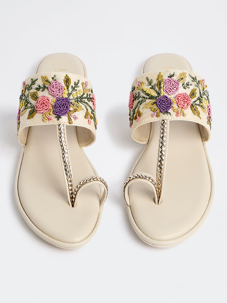 LUNA BLU Multicolour Floral Embroidered Kolhapuri Sandals