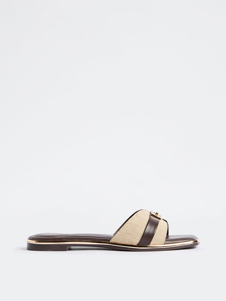 LUNA BLU Dark Brown Raffia Turn-Lock Slides