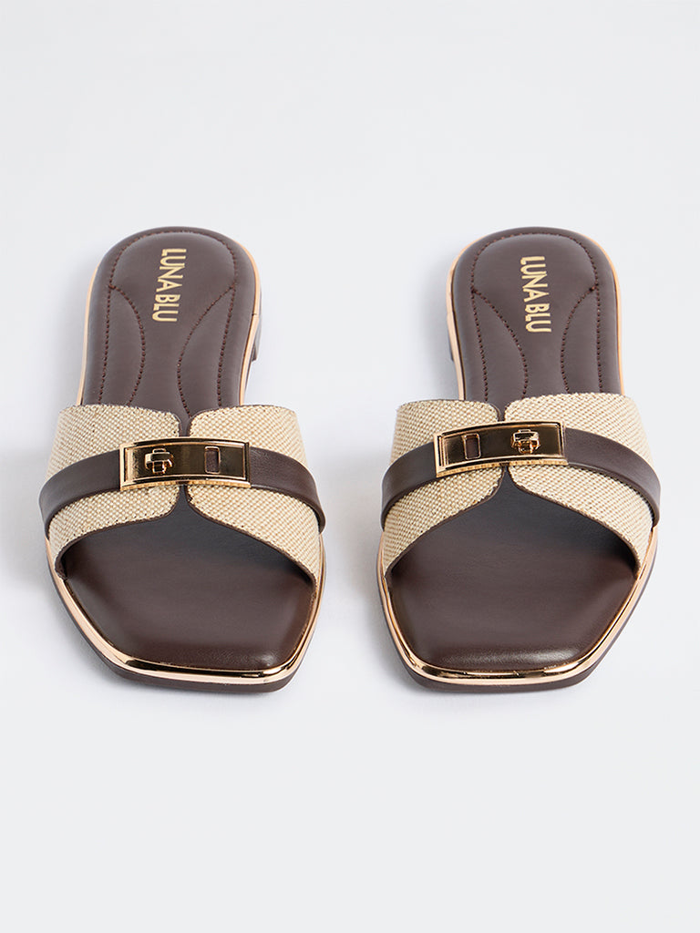 LUNA BLU Dark Brown Raffia Turn-Lock Slides