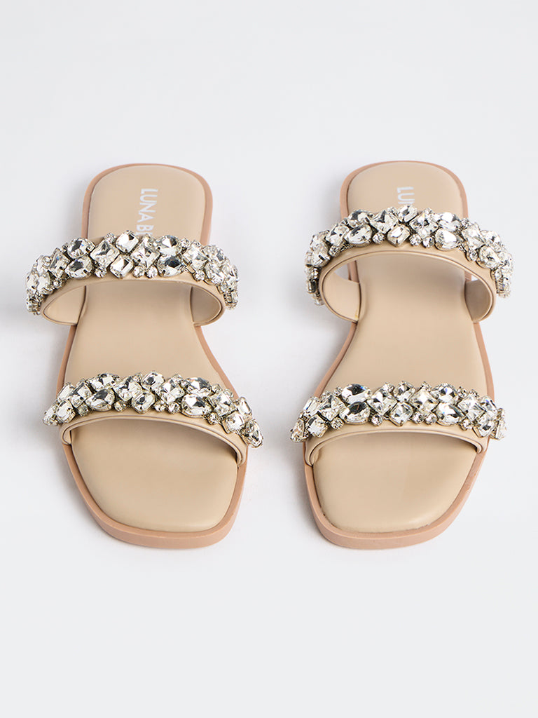 LUNA BLU Beige Embellished Dual-Strap Slides