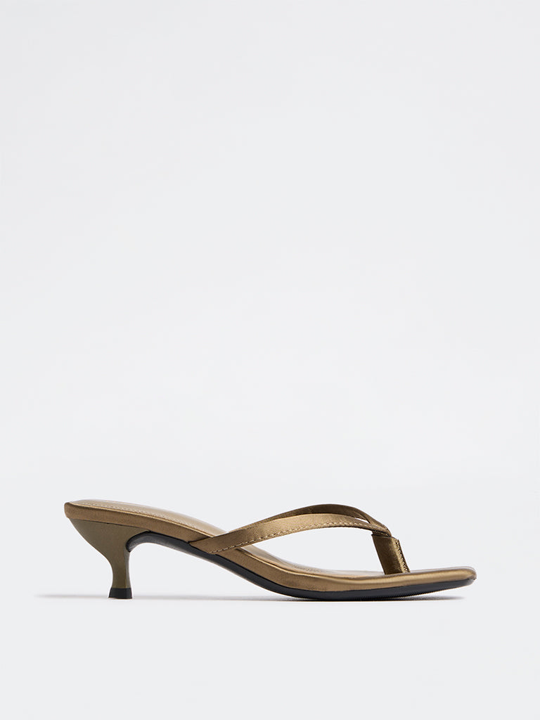 LUNA BLU Olive Satin Thong-Strap Kitten Heel Sandals