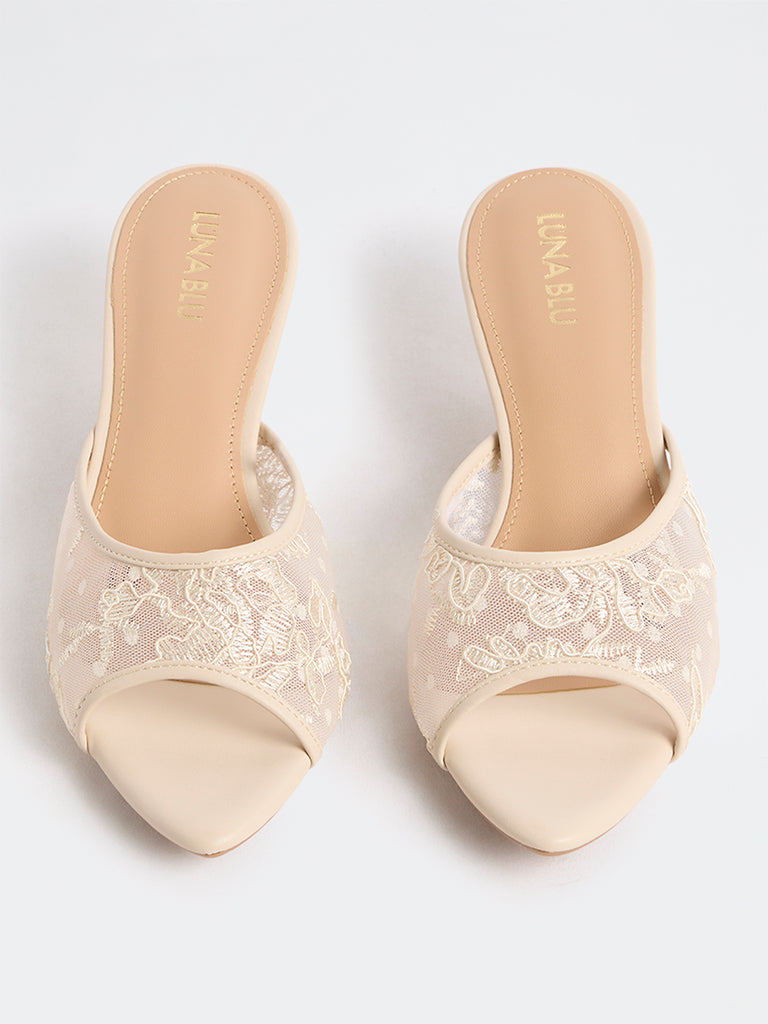 LUNA BLU Ivory Lace Kitten Heel Sandals