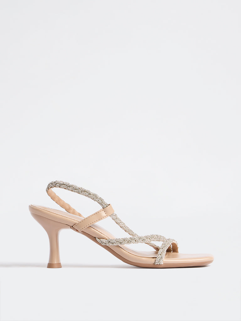 LUNA BLU Beige Rhinestone Embellished Kitten-Heel Sandals