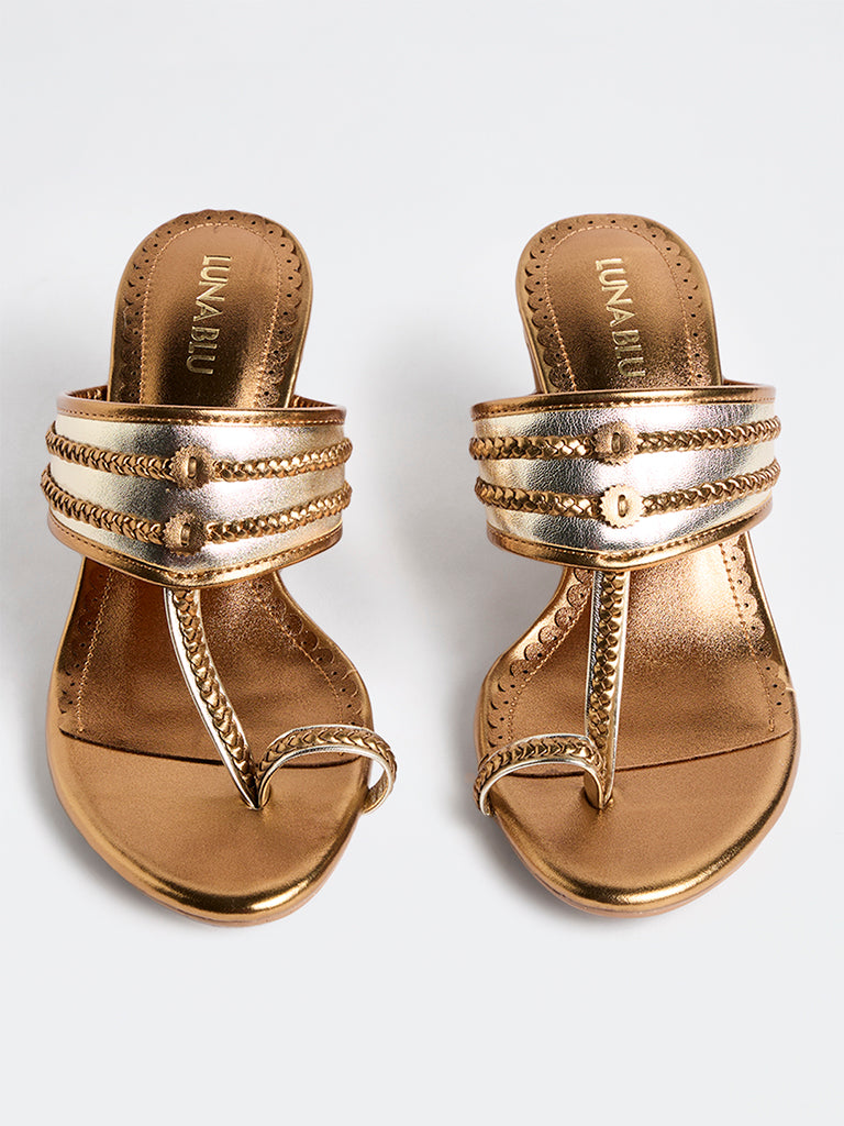 LUNA BLU Copper Braided Kolhapuri Block Heel Sandals