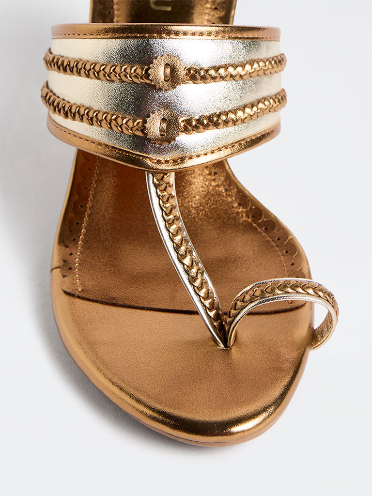 LUNA BLU Copper Braided Kolhapuri Block Heel Sandals