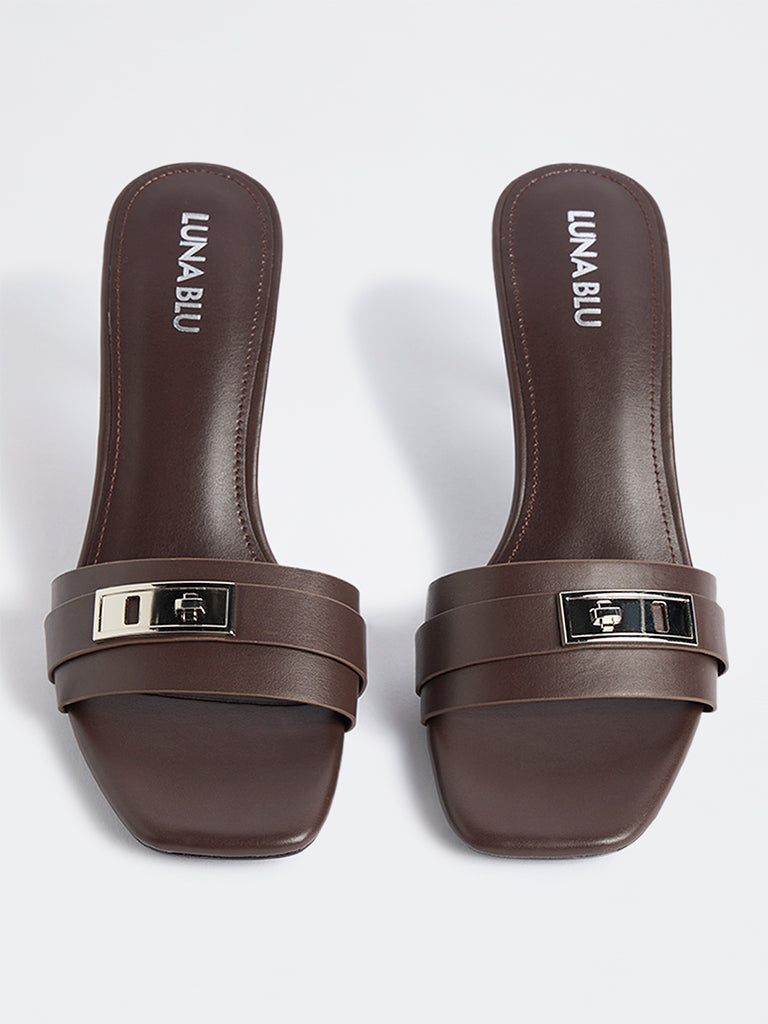 LUNA BLU Dark Brown Metal-Trim Kitten Heel Sandals