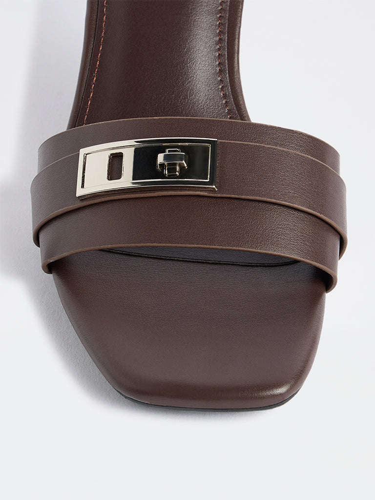 LUNA BLU Dark Brown Metal-Trim Kitten Heel Sandals