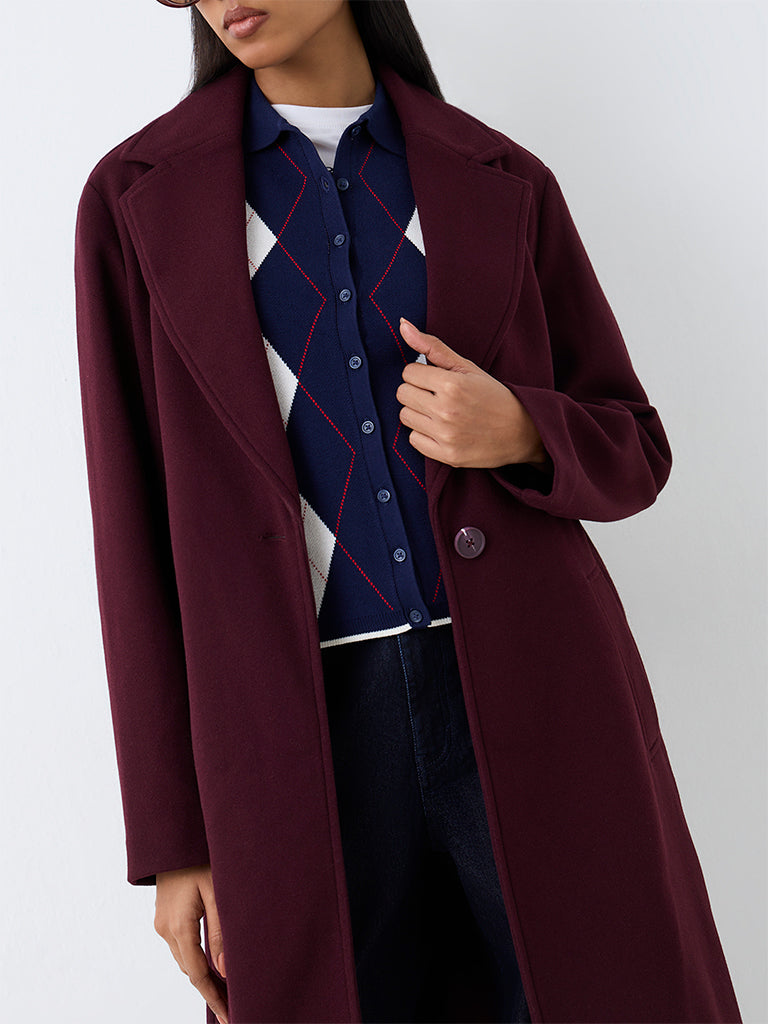 Wardrobe Burgundy Solid Trench Coat