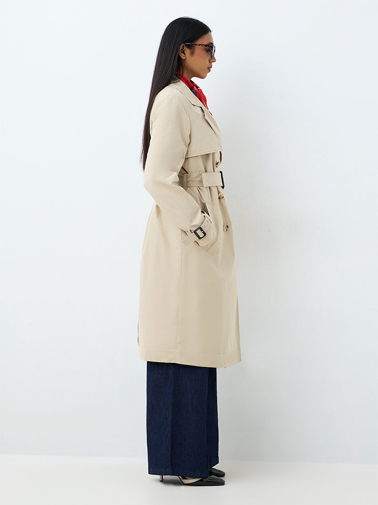 Wardrobe Taupe Solid Belted Trench Coat