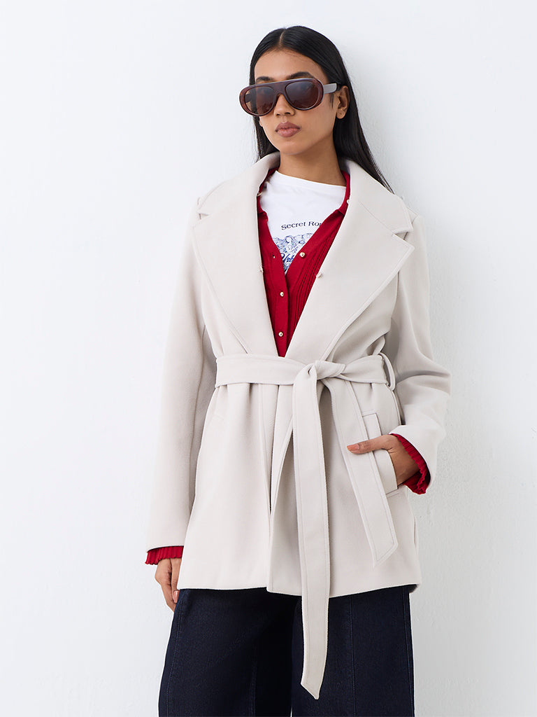 Wardrobe Light Grey Solid Trench Coat with Fur Collar