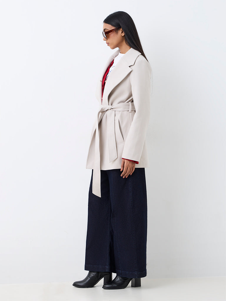 Wardrobe Light Grey Solid Trench Coat with Fur Collar