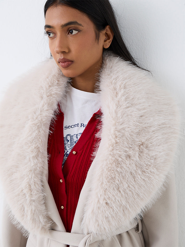 Wardrobe Light Grey Solid Trench Coat with Fur Collar