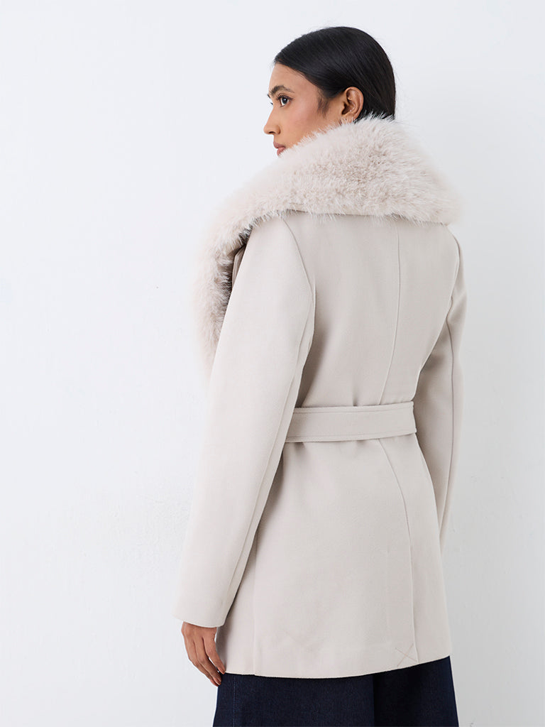 Wardrobe Light Grey Solid Trench Coat with Fur Collar