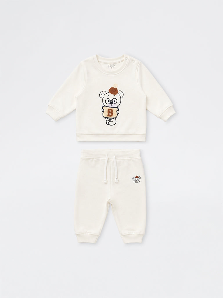 HOP Baby Boys White Teddy Design Sweatshirt and Joggers Set