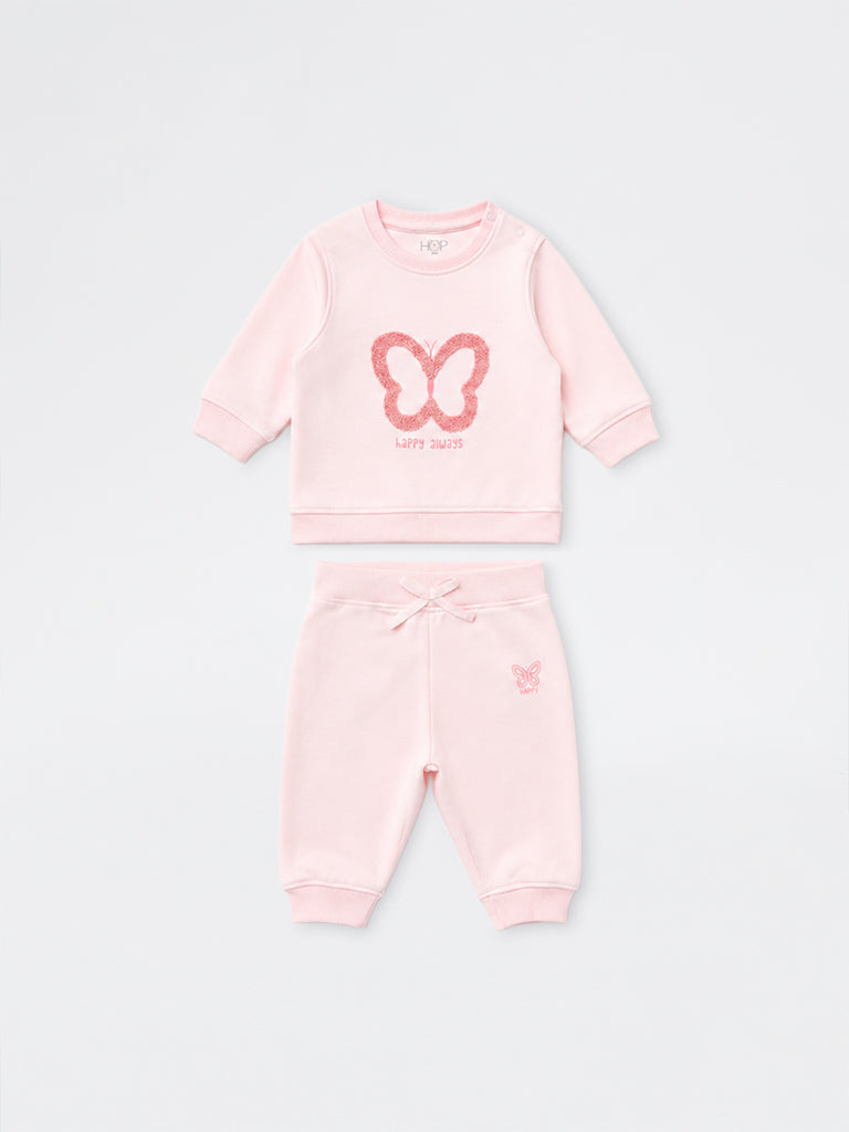 HOP Baby Girls Light Pink Butterfly Embroidery Sweatshirt and Joggers Set