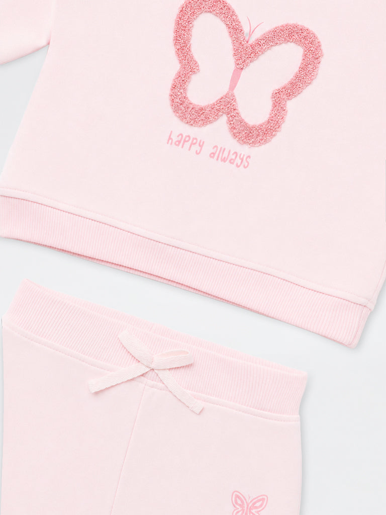 HOP Baby Girls Light Pink Butterfly Embroidery Sweatshirt and Joggers Set