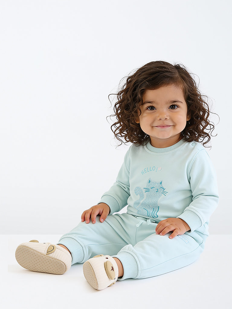 HOP Baby Girls Aqua Cat Embellished Sweatshirt and Pants Set