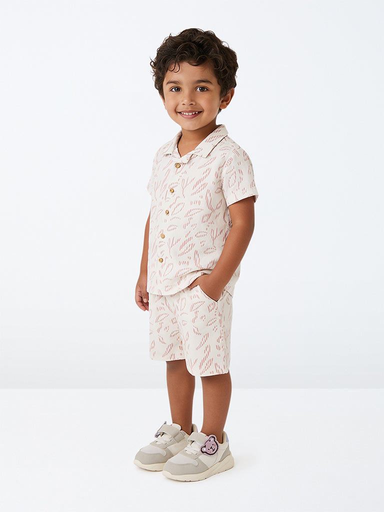 HOP Kids Boys Off-White Botanical Pattern Cotton Shirt and Shorts Set
