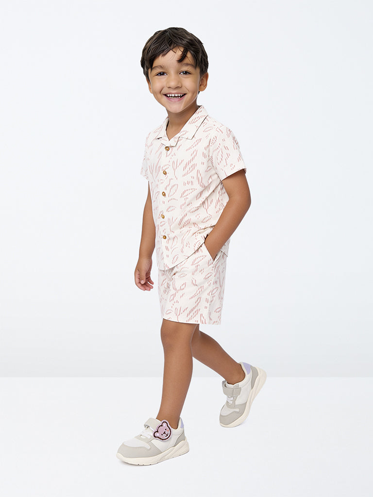 HOP Kids Boys Off-White Botanical Pattern Cotton Shirt and Shorts Set