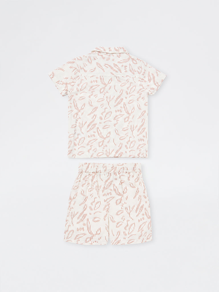 HOP Kids Boys Off-White Botanical Pattern Cotton Shirt and Shorts Set