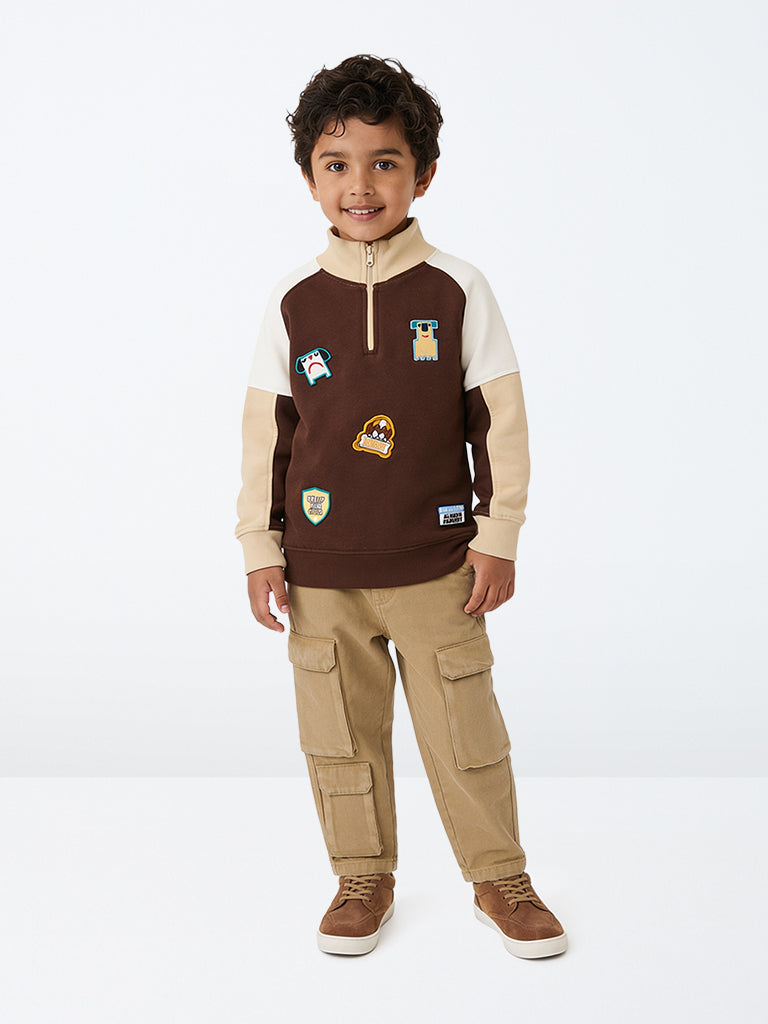 HOP Kids Boys Dark Brown Patch-Detail Cotton Sweatshirt