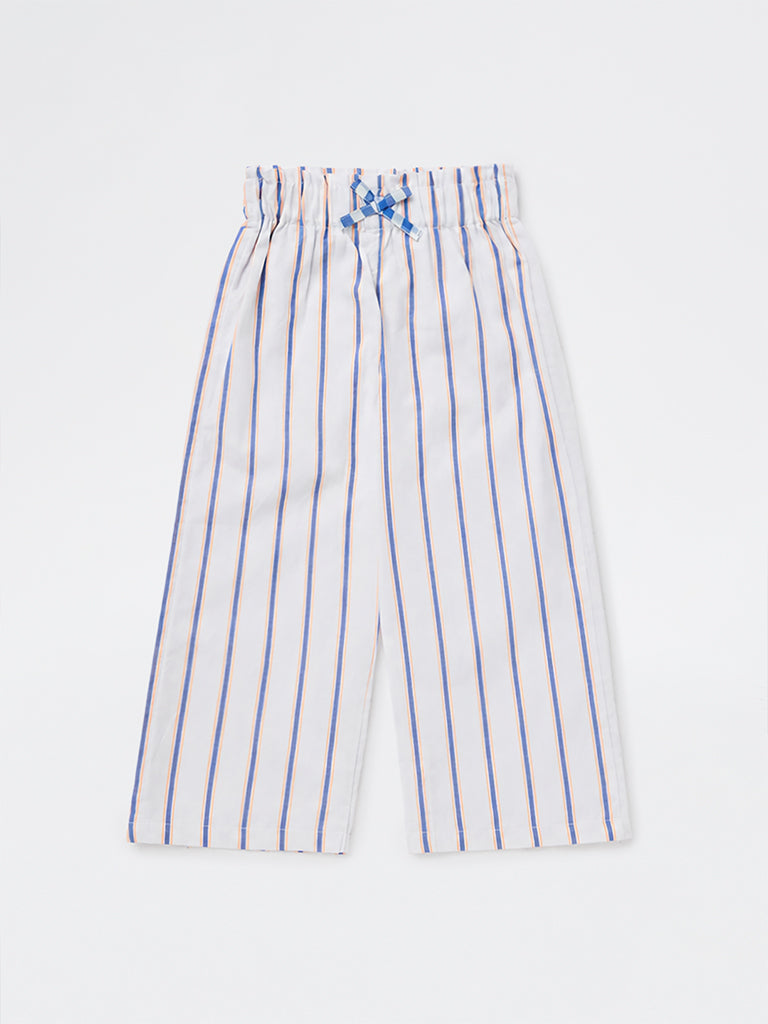 HOP Kids Girls White Striped High-Rise Cotton Trousers