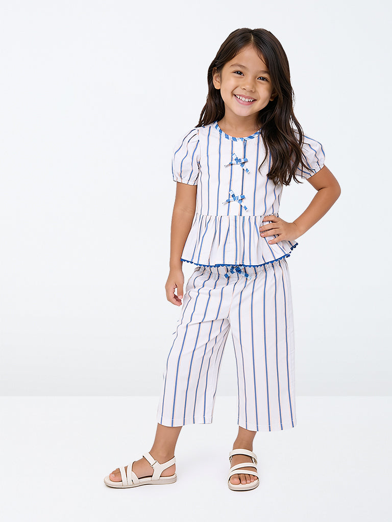 HOP Kids Girls White Striped High-Rise Cotton Trousers