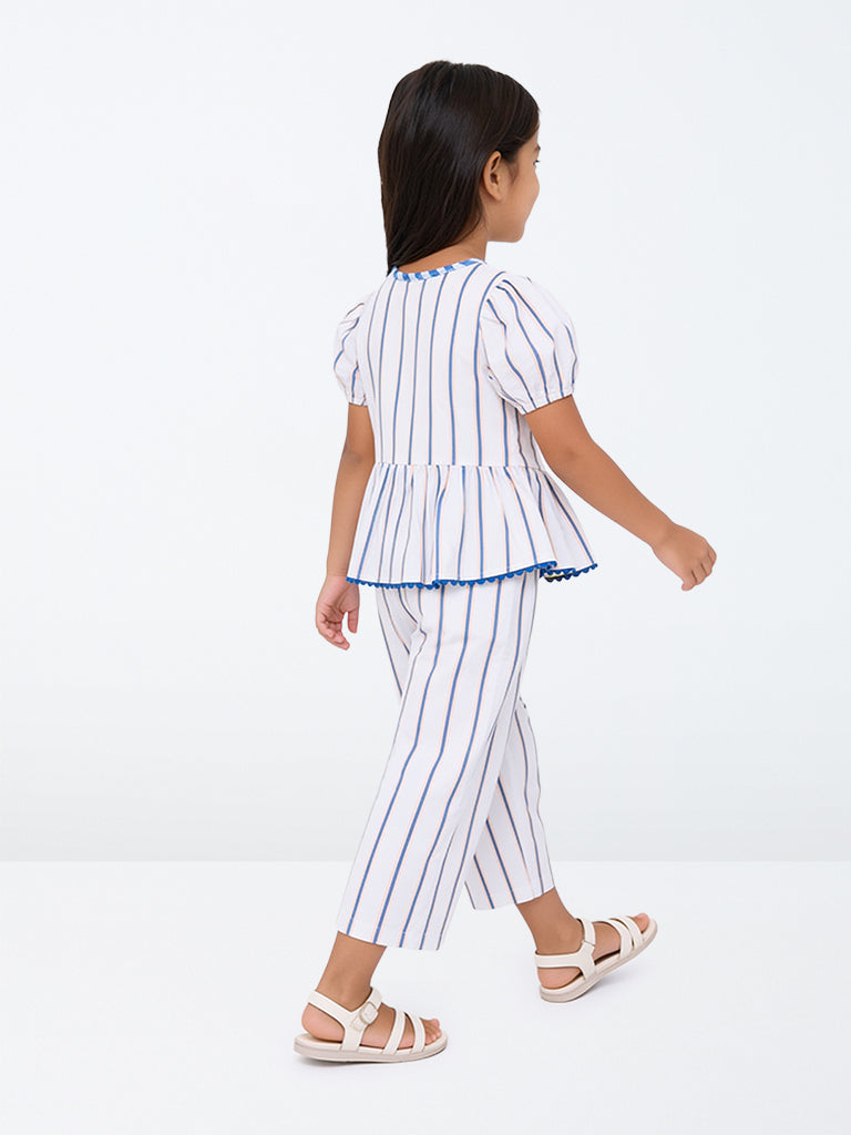 HOP Kids Girls White Striped High-Rise Cotton Trousers
