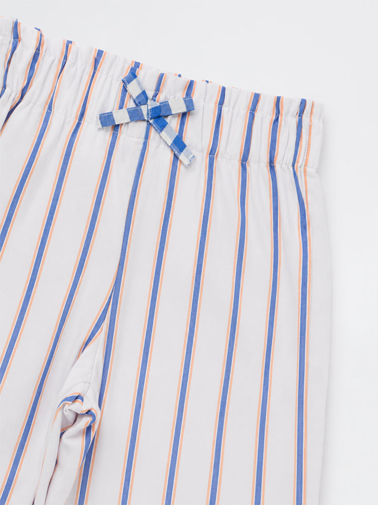HOP Kids Girls White Striped High-Rise Cotton Trousers