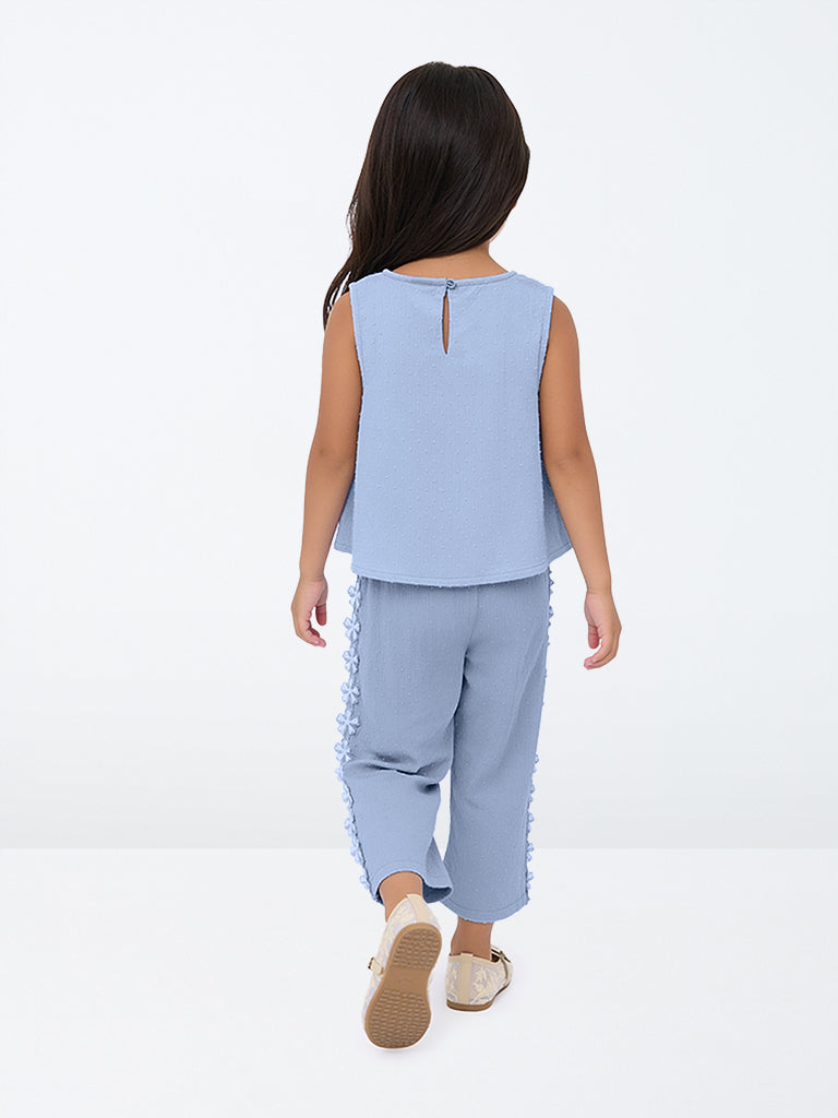 HOP Kids Girls Dusty Blue Floral Design High-Rise Cotton Trousers