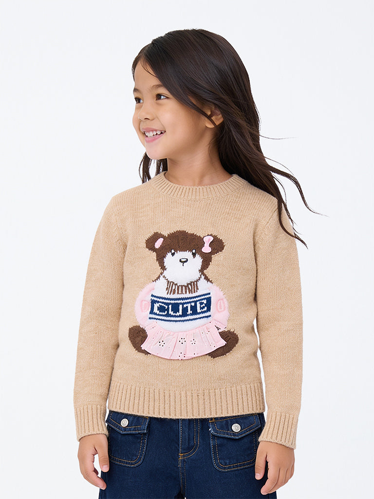 HOP Kids Girls Beige Bear Embroidered Sweater