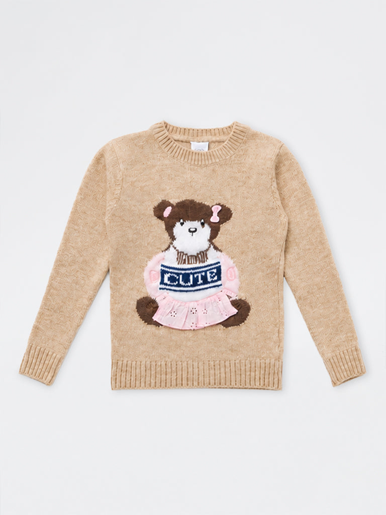 HOP Kids Girls Beige Bear Embroidered Sweater