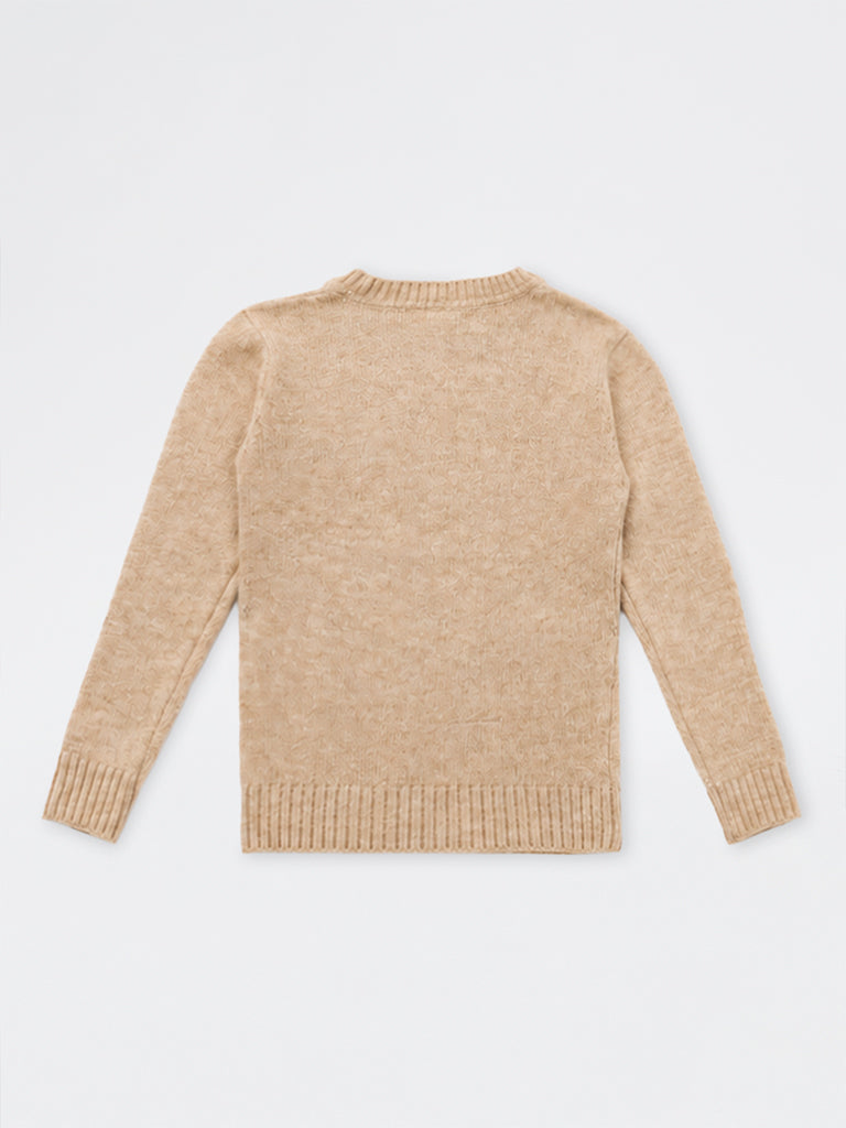 HOP Kids Girls Beige Bear Embroidered Sweater