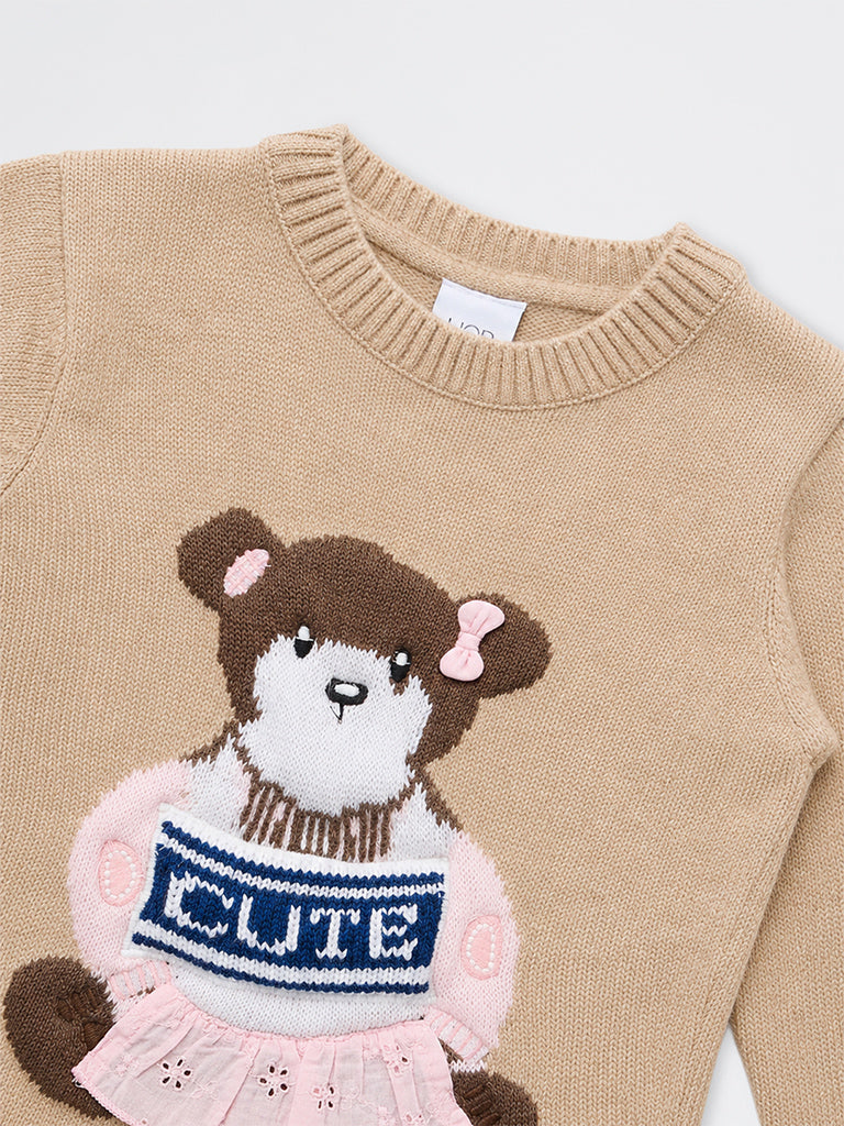 HOP Kids Girls Beige Bear Embroidered Sweater