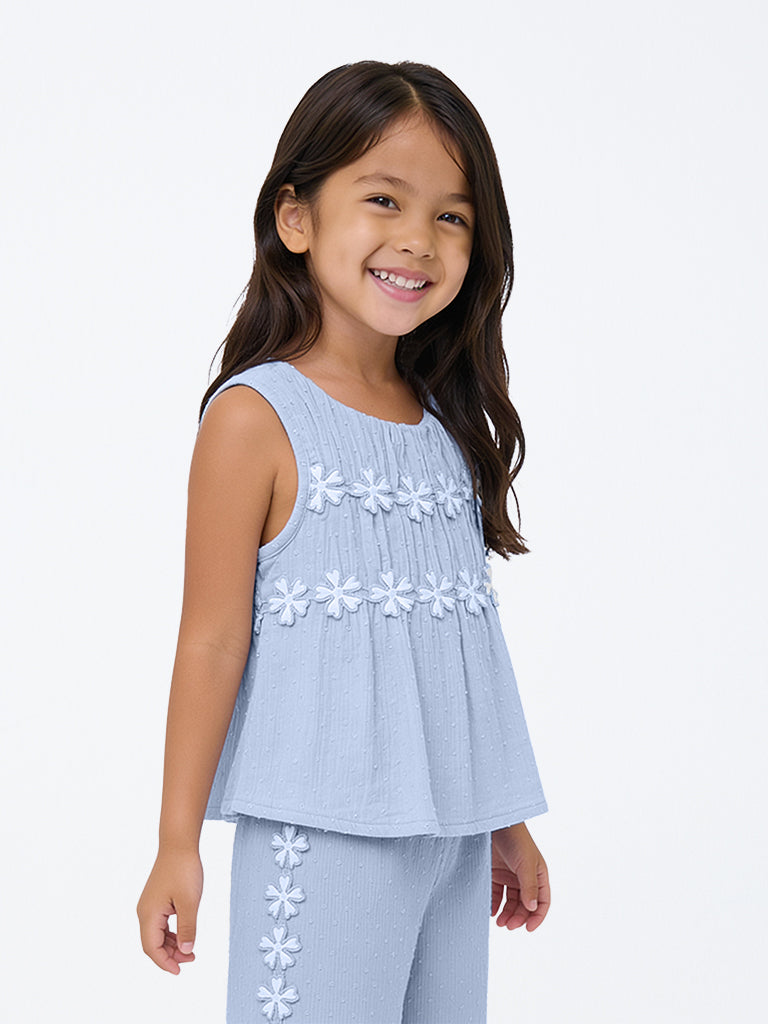 HOP Kids Girls Blue Floral-Design Cotton Top