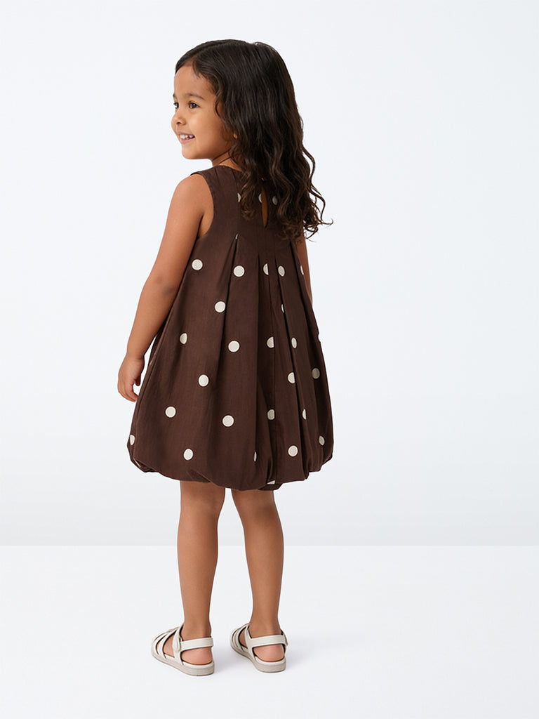 HOP Kids Girls Dark Brown Polka Dot Printed Cotton Bubble Dress