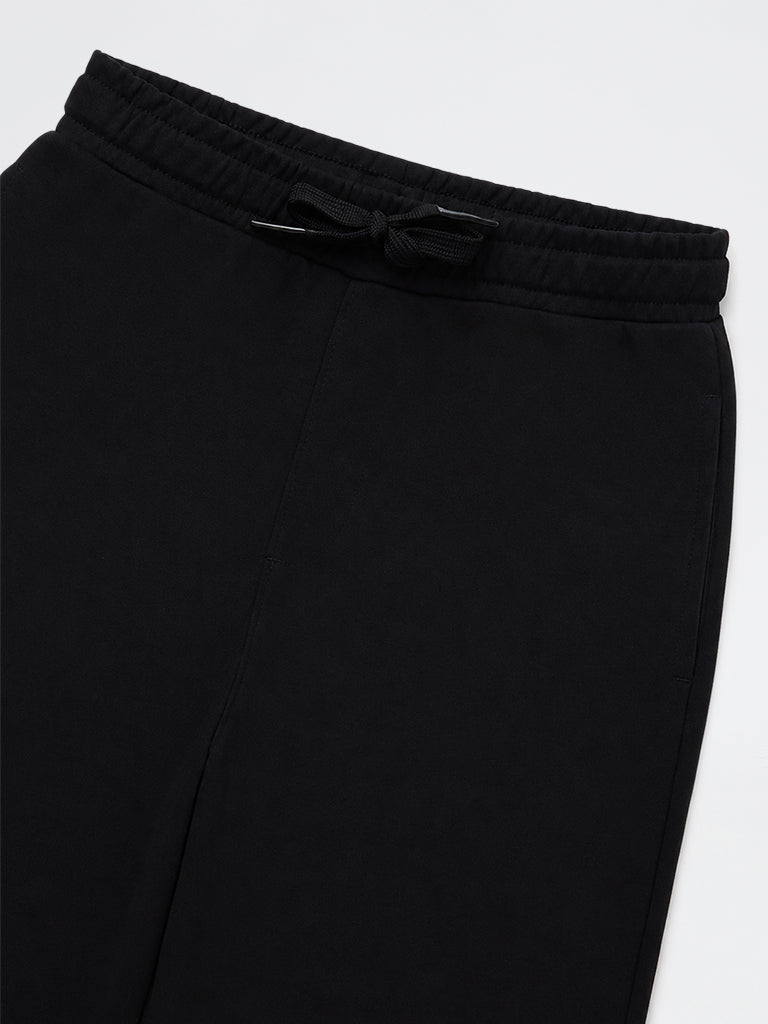 Boys Black Text Printed Mid-Rise Cotton-Blend Track Pants