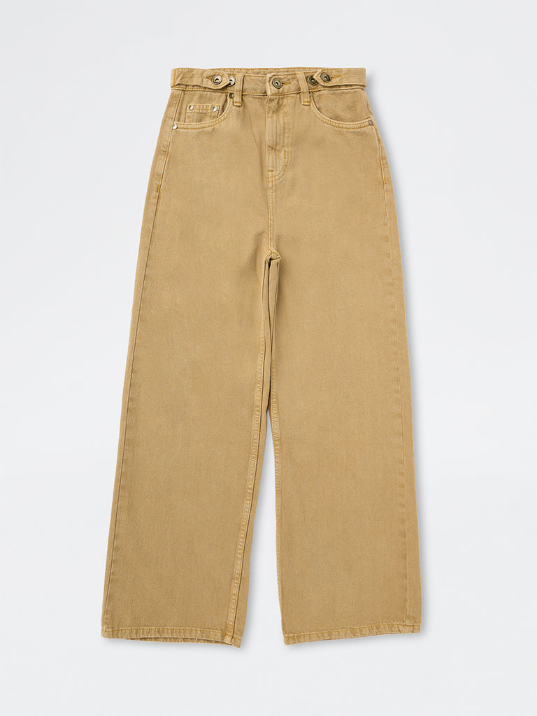 Girls Beige Cotton Relaxed Fit High-Rise Jeans