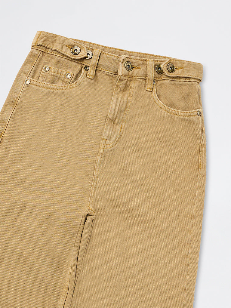 Girls Beige Cotton Relaxed Fit High-Rise Jeans