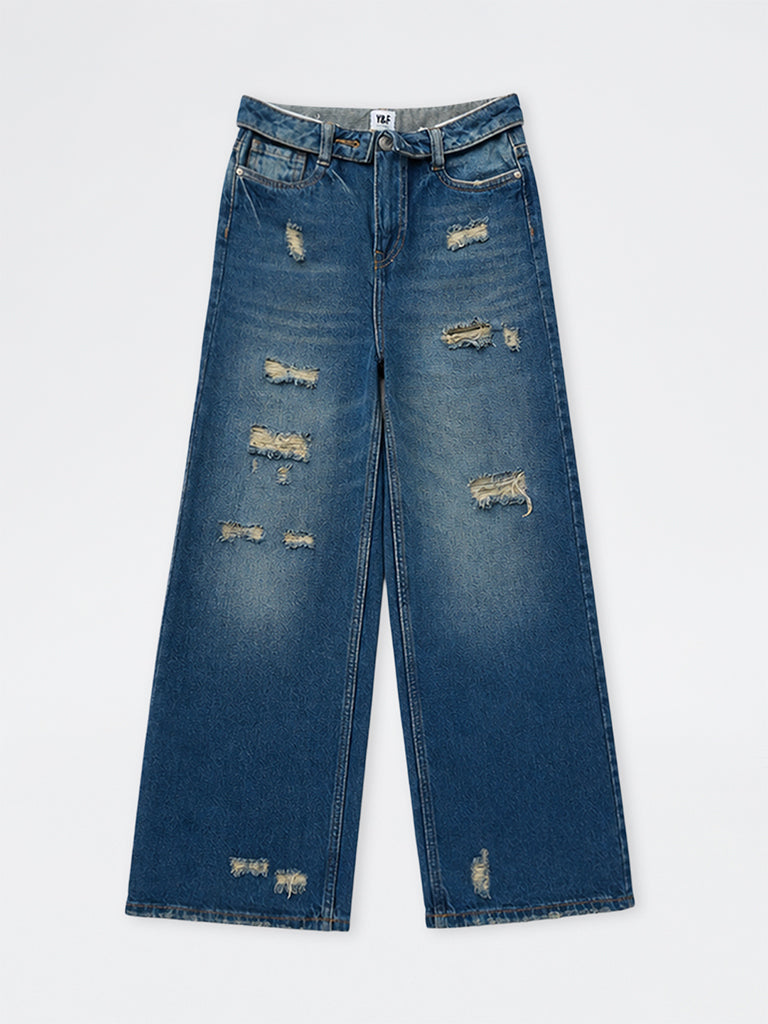 Girls Dark Blue High-Rise Ripped Jeans