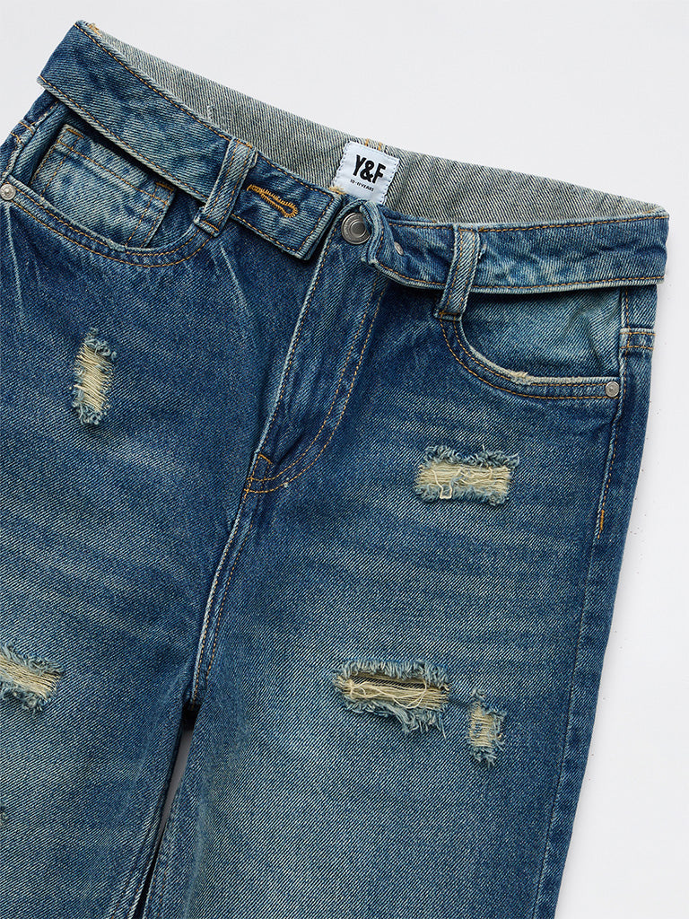 Girls Dark Blue High-Rise Ripped Jeans