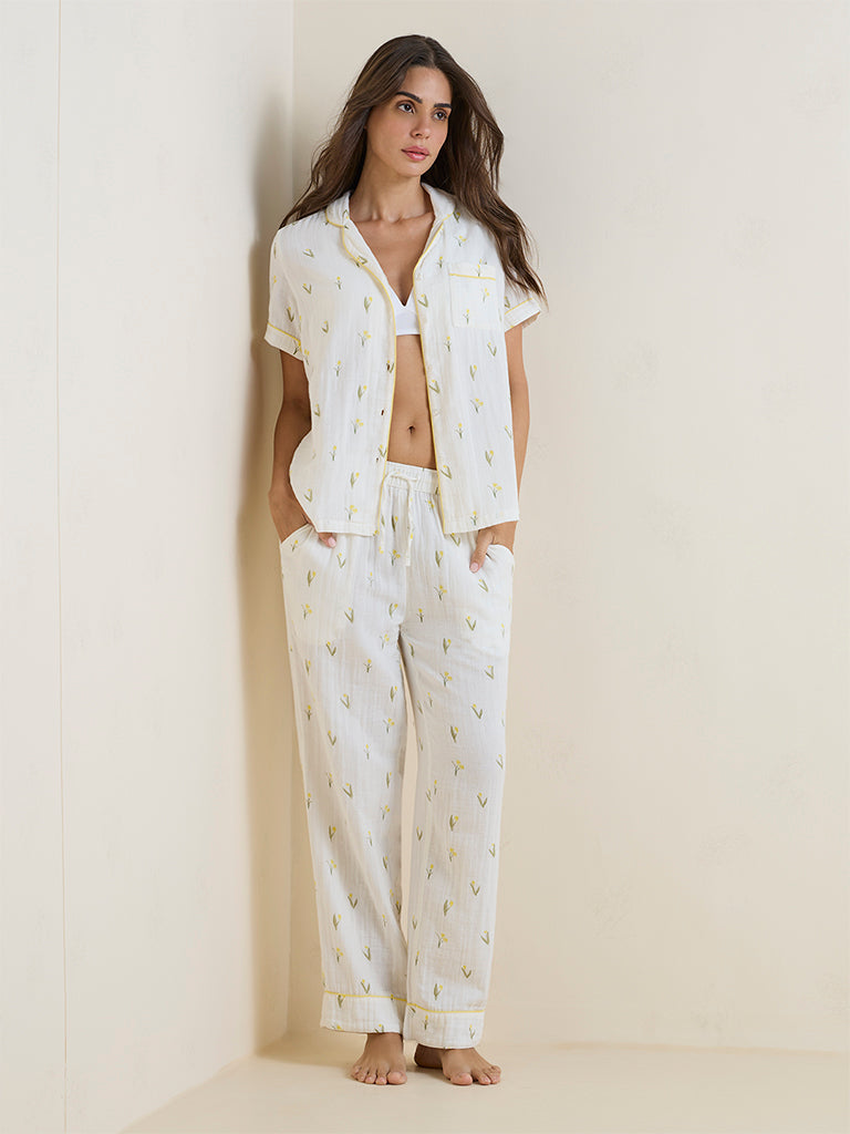 Wunderlove Ivory Foliage Pattern Cotton Pyjama Set