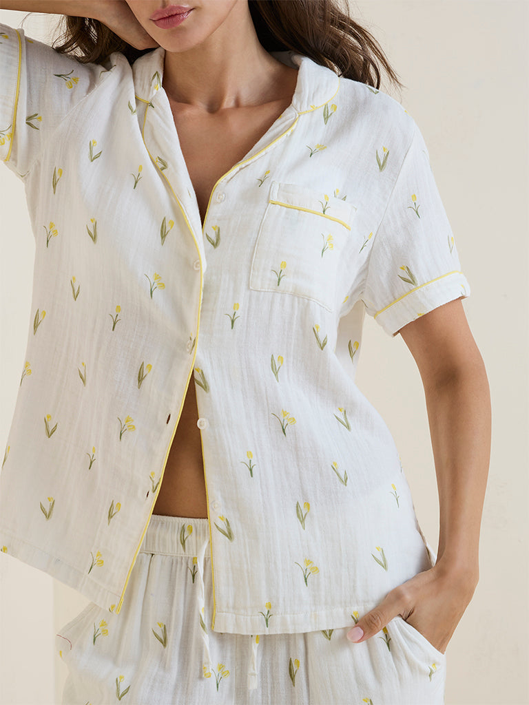 Wunderlove Ivory Foliage Pattern Cotton Pyjama Set