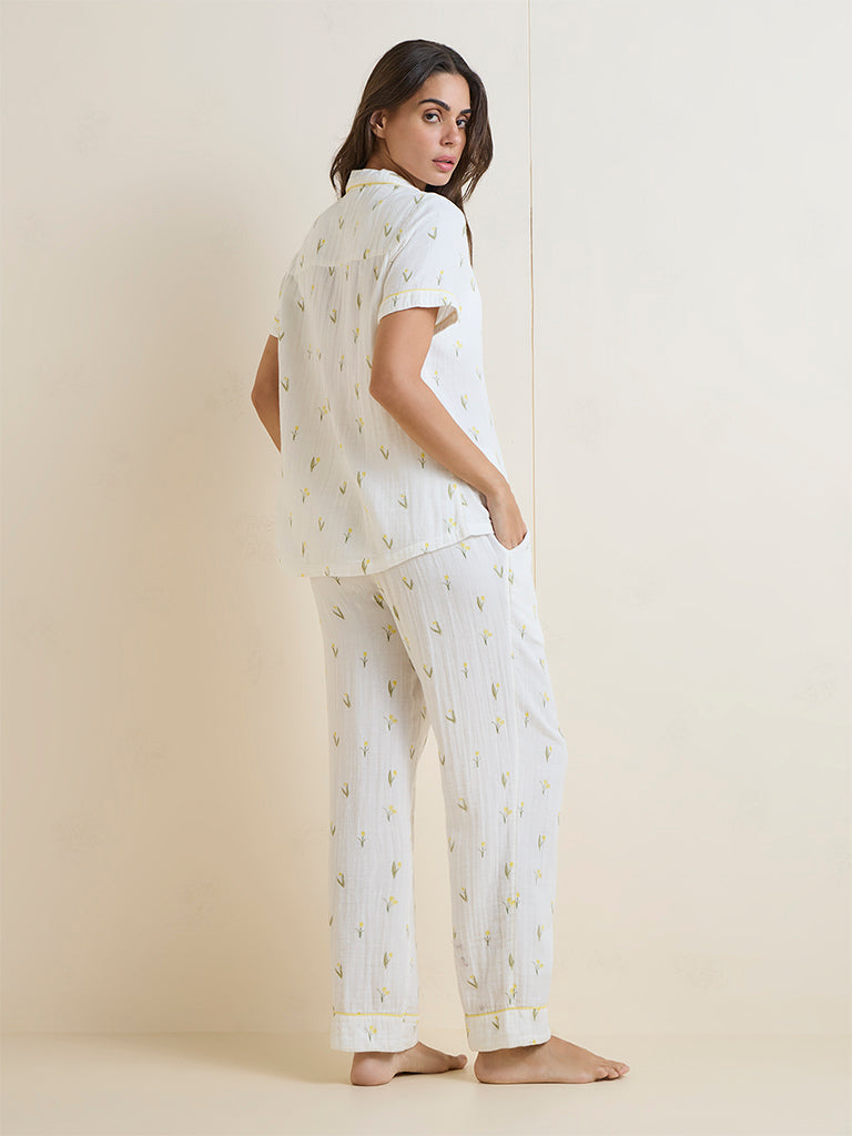 Wunderlove Ivory Foliage Pattern Cotton Pyjama Set
