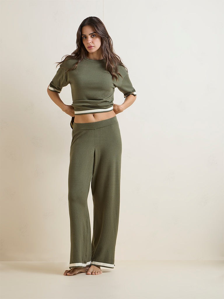 Wunderlove Olive Contrast Detailed High-Rise Pants