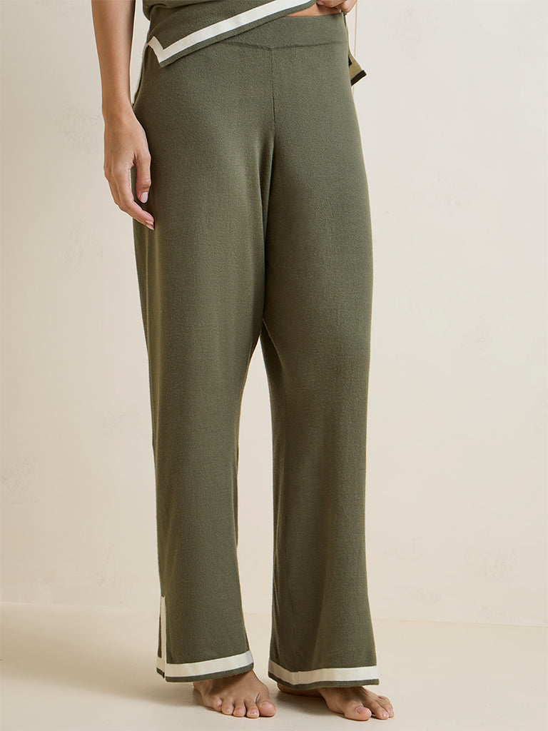 Wunderlove Olive Contrast Detailed High-Rise Pants