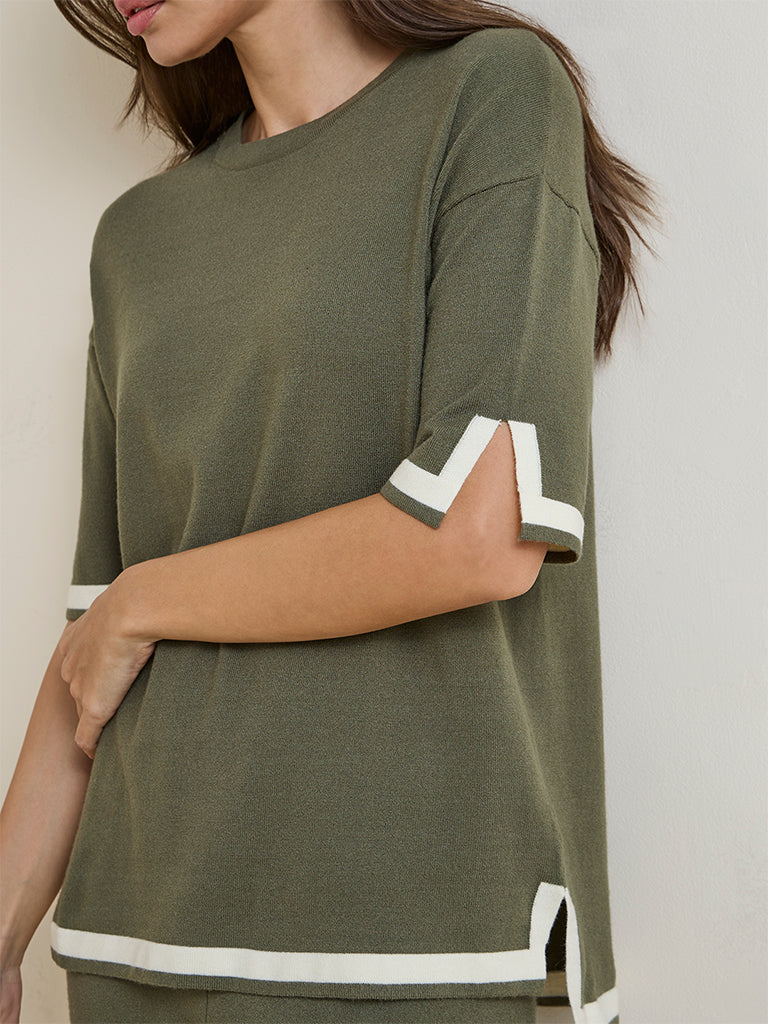 Wunderlove Olive Contrast Detailed Top